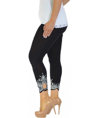 Womens Leggings Solid Basic Lace Cuff High Waist Stretch Long Yoga Pants Black $9.88 Leggings