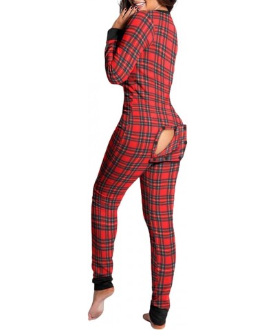 Women Butt Flap Pajamas Jumpsuit Sexy Deep V Neck Long Sleeve Bodycon Romper Overall Sleepwear Red Plaid $13.19 Jumpsuits