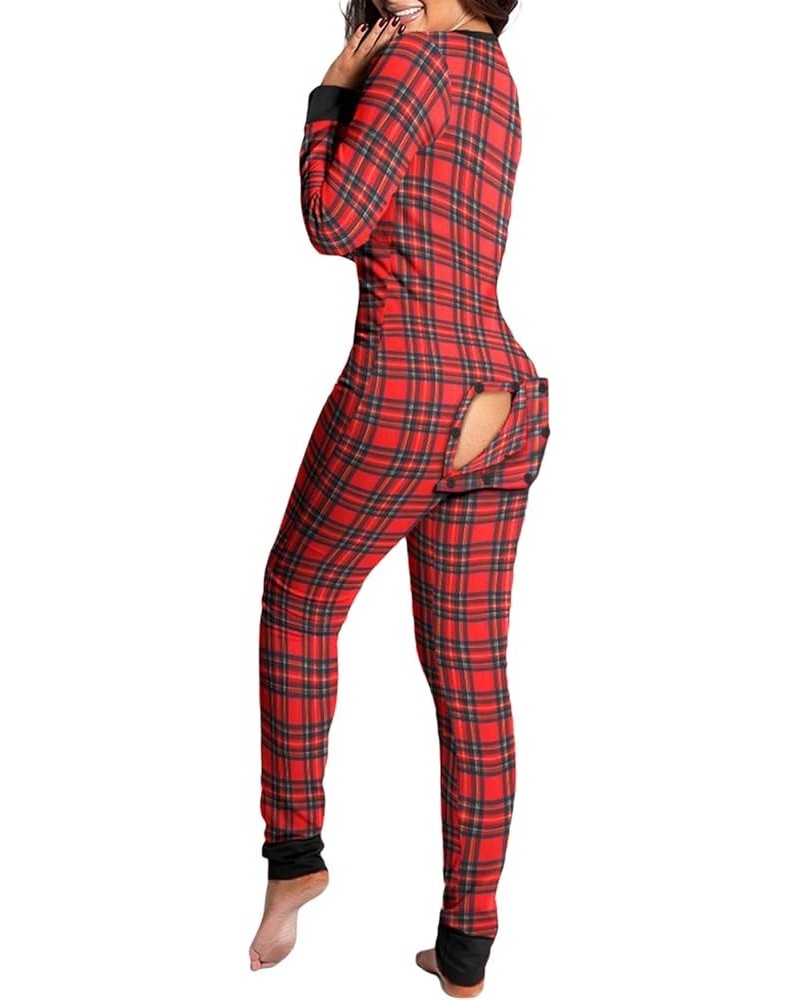 Women Butt Flap Pajamas Jumpsuit Sexy Deep V Neck Long Sleeve Bodycon Romper Overall Sleepwear Red Plaid $13.19 Jumpsuits