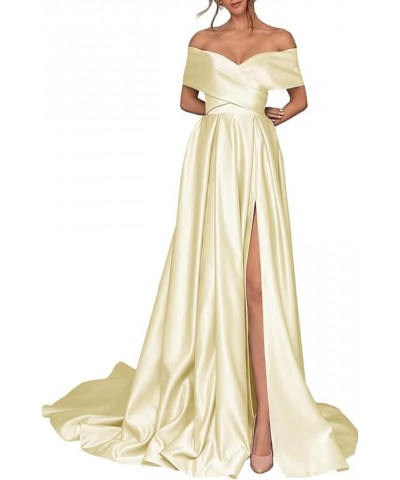 Women's Off Shoulder High Slit Prom Dresses Long Sexy Spaghetti Satin Prom Party Gowns Yellow $43.68 Dresses