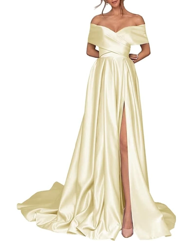 Women's Off Shoulder High Slit Prom Dresses Long Sexy Spaghetti Satin Prom Party Gowns Yellow $43.68 Dresses