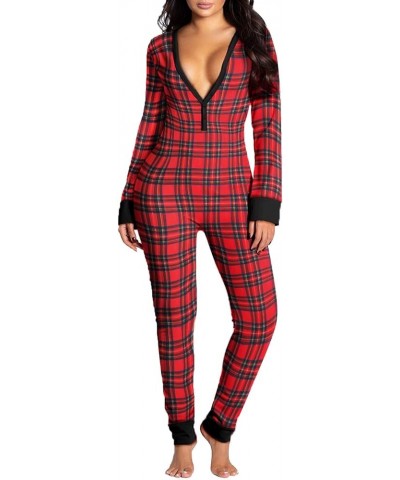 Women Butt Flap Pajamas Jumpsuit Sexy Deep V Neck Long Sleeve Bodycon Romper Overall Sleepwear Red Plaid $13.19 Jumpsuits