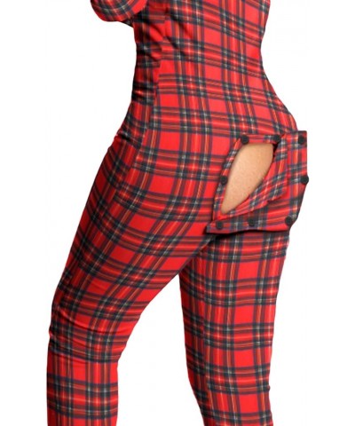 Women Butt Flap Pajamas Jumpsuit Sexy Deep V Neck Long Sleeve Bodycon Romper Overall Sleepwear Red Plaid $13.19 Jumpsuits