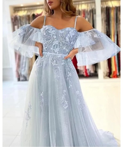 Off The Shoulder Lace Applique Prom Dress for Teens Tulle Long Spaghetti Straps Formal Evening Prom Gown for Women Sage $39.1...