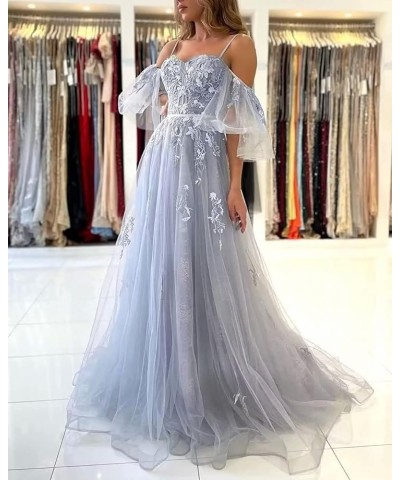 Off The Shoulder Lace Applique Prom Dress for Teens Tulle Long Spaghetti Straps Formal Evening Prom Gown for Women Sage $39.1...