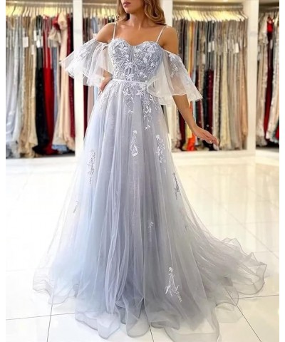 Off The Shoulder Lace Applique Prom Dress for Teens Tulle Long Spaghetti Straps Formal Evening Prom Gown for Women Sage $39.1...