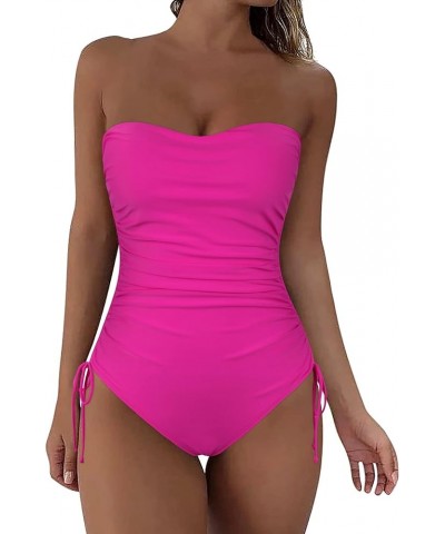 Women Strapless One Piece Swimsuit Tummy Control Bathing Suits Ruched Front Sexy Slimming Swimwear Hot Pink $18.40 Swimsuits