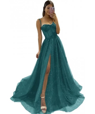 Glitter Tulle Prom Dresses Long Spaghetti Straps 3D Flower Corset Formal Evening Gowns with Slit Teal $44.19 Dresses