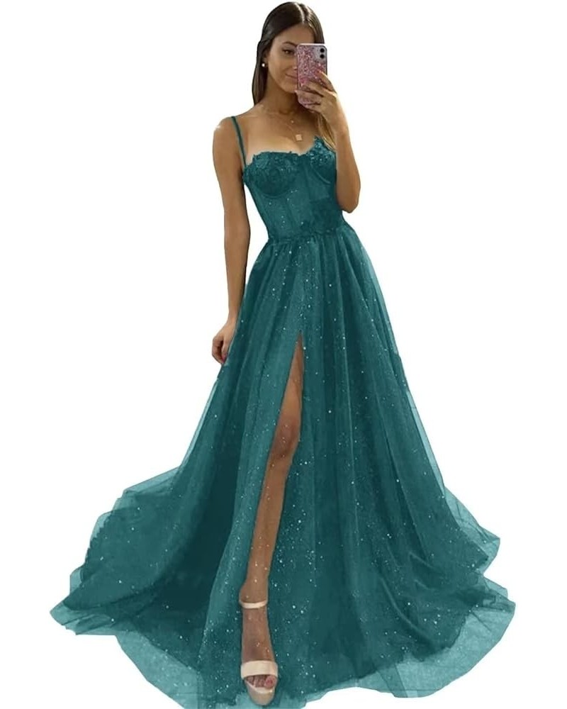 Glitter Tulle Prom Dresses Long Spaghetti Straps 3D Flower Corset Formal Evening Gowns with Slit Teal $44.19 Dresses