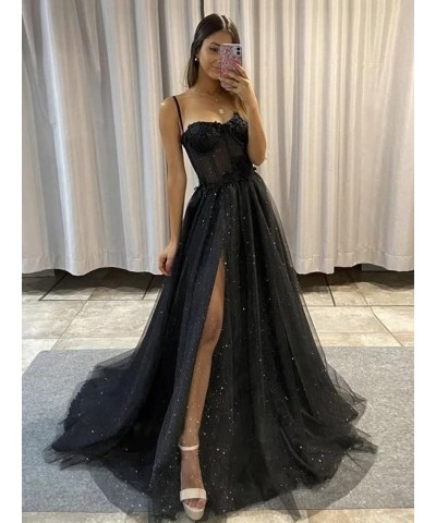 Glitter Tulle Prom Dresses Long Spaghetti Straps 3D Flower Corset Formal Evening Gowns with Slit Teal $44.19 Dresses