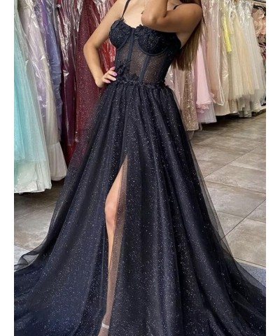 Glitter Tulle Prom Dresses Long Spaghetti Straps 3D Flower Corset Formal Evening Gowns with Slit Teal $44.19 Dresses