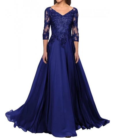 Mother of The Bride Dresses Long Lace Evening Dress V Neck Chiffon Formal Gowns with Sleeves Royal Blue $31.50 Dresses