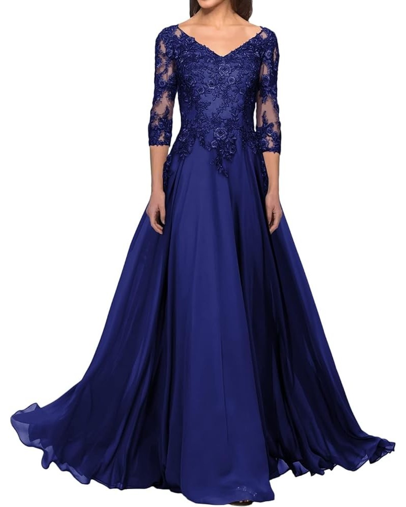 Mother of The Bride Dresses Long Lace Evening Dress V Neck Chiffon Formal Gowns with Sleeves Royal Blue $31.50 Dresses