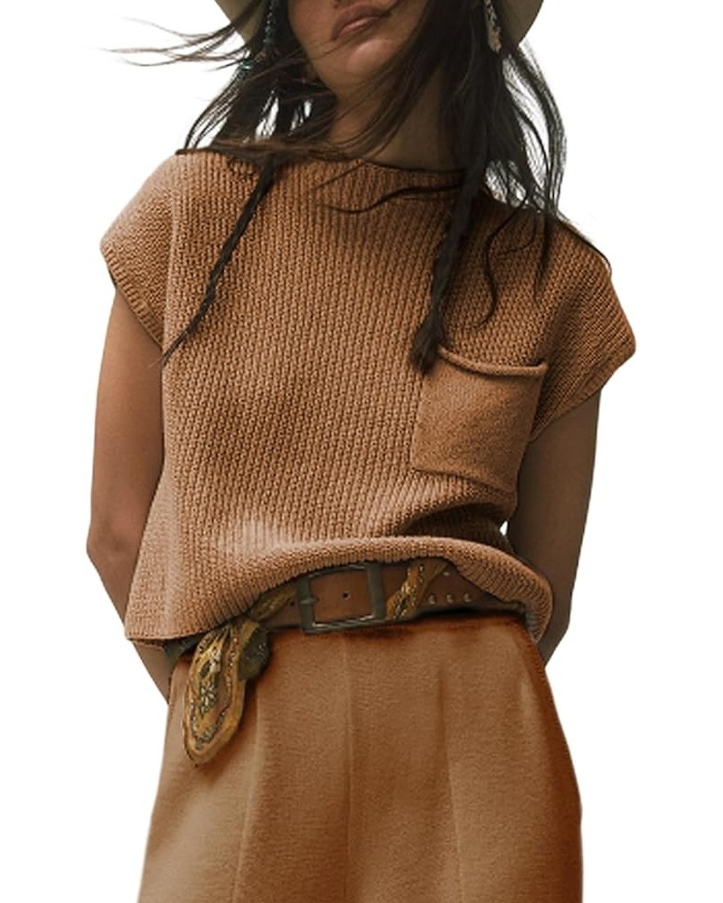 Sweater Vest Women Mock Neck Casual Cropped Cap Sleeve Knit Pullover Sweater Top Spring Brown $10.80 Sweaters