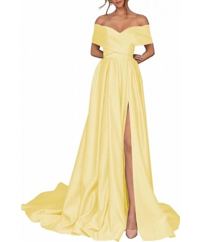 Women's Off Shoulder High Slit Prom Dresses Long Sexy Spaghetti Satin Prom Party Gowns Yellow $43.68 Dresses