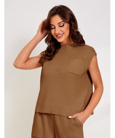 Sweater Vest Women Mock Neck Casual Cropped Cap Sleeve Knit Pullover Sweater Top Spring Brown $10.80 Sweaters