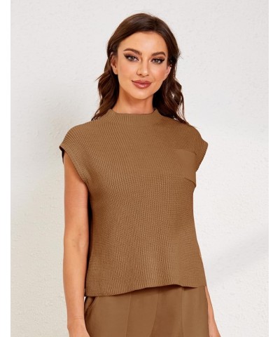 Sweater Vest Women Mock Neck Casual Cropped Cap Sleeve Knit Pullover Sweater Top Spring Brown $10.80 Sweaters