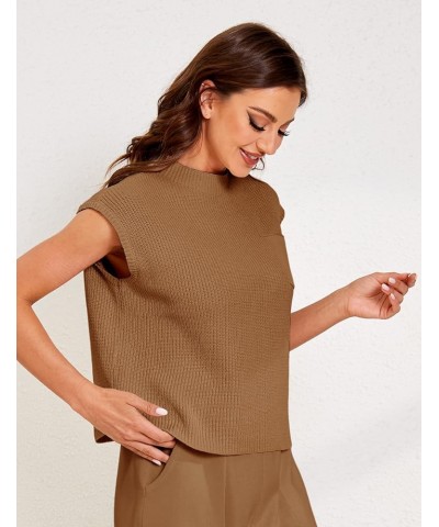 Sweater Vest Women Mock Neck Casual Cropped Cap Sleeve Knit Pullover Sweater Top Spring Brown $10.80 Sweaters