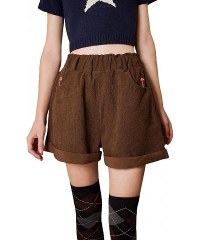 Women's High Waisted Mushroom Embroidery Wide Leg Roll Up Hem Loose Shorts Brown $12.75 Shorts