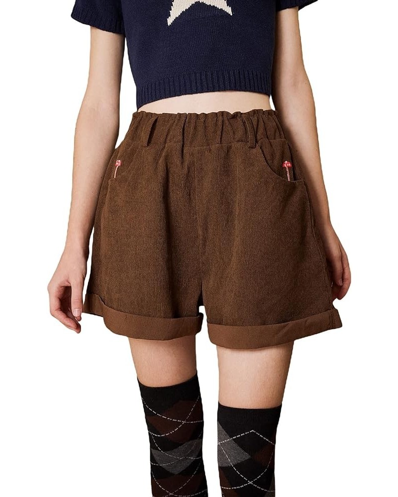 Women's High Waisted Mushroom Embroidery Wide Leg Roll Up Hem Loose Shorts Brown $12.75 Shorts