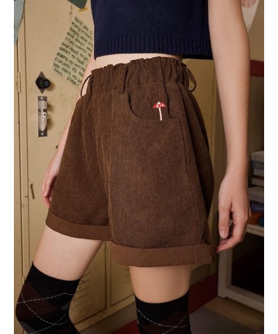 Women's High Waisted Mushroom Embroidery Wide Leg Roll Up Hem Loose Shorts Brown $12.75 Shorts