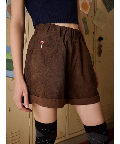 Women's High Waisted Mushroom Embroidery Wide Leg Roll Up Hem Loose Shorts Brown $12.75 Shorts