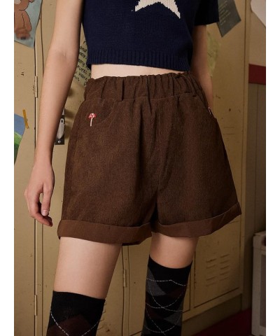 Women's High Waisted Mushroom Embroidery Wide Leg Roll Up Hem Loose Shorts Brown $12.75 Shorts