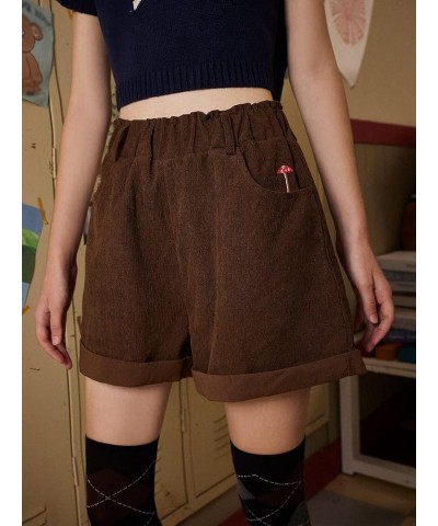 Women's High Waisted Mushroom Embroidery Wide Leg Roll Up Hem Loose Shorts Brown $12.75 Shorts