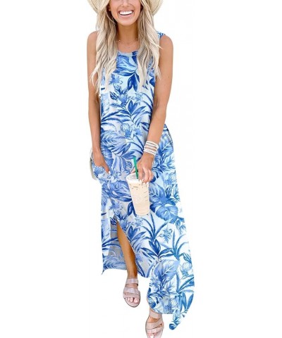 Women's Casual Loose Summer Long Dress Sleeveless Split Beach Maxi Dresses with Pockets Print Blue Flower $17.60 Dresses