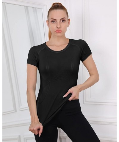 Women Long/Short Sleeve Workout Shirts Yoga Gym Tops Breathable Athletic Running Shirt Slim Fit Black-short $13.43 Activewear