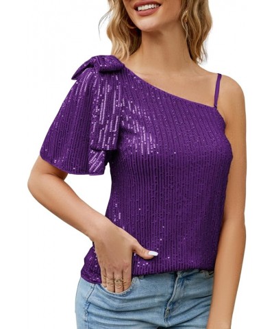 Sparkly Sequin Tops for Women One Shoulder Slimming Sexy Asymmetrical Glitter Tops Sparkle Party Shirts Purple $13.99 Tanks