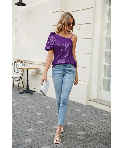 Sparkly Sequin Tops for Women One Shoulder Slimming Sexy Asymmetrical Glitter Tops Sparkle Party Shirts Purple $13.99 Tanks