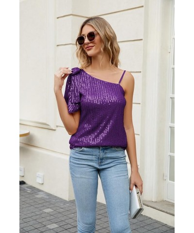 Sparkly Sequin Tops for Women One Shoulder Slimming Sexy Asymmetrical Glitter Tops Sparkle Party Shirts Purple $13.99 Tanks