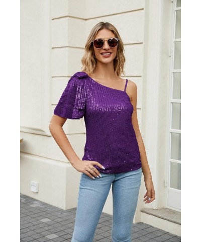 Sparkly Sequin Tops for Women One Shoulder Slimming Sexy Asymmetrical Glitter Tops Sparkle Party Shirts Purple $13.99 Tanks