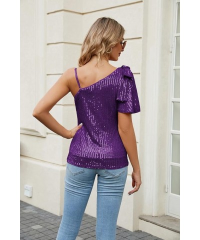 Sparkly Sequin Tops for Women One Shoulder Slimming Sexy Asymmetrical Glitter Tops Sparkle Party Shirts Purple $13.99 Tanks