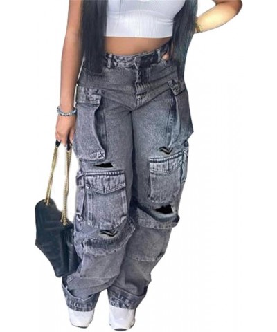 Women's Cargo Pants Y2K High Waist Baggy Jeans Flap Pocket Loose Denim Pants Streetwear 2-black Grey $27.53 Jeans