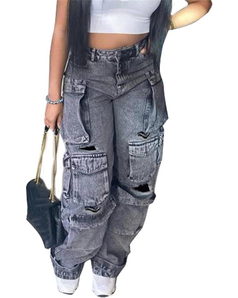 Women's Cargo Pants Y2K High Waist Baggy Jeans Flap Pocket Loose Denim Pants Streetwear 2-black Grey $27.53 Jeans