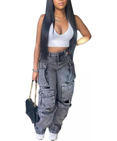 Women's Cargo Pants Y2K High Waist Baggy Jeans Flap Pocket Loose Denim Pants Streetwear 2-black Grey $27.53 Jeans