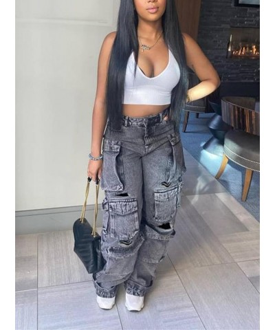 Women's Cargo Pants Y2K High Waist Baggy Jeans Flap Pocket Loose Denim Pants Streetwear 2-black Grey $27.53 Jeans