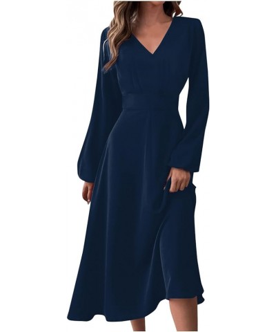 Wedding Guest Dresses for Women, Womens Trendy Solid Color Beautiful Long Dress Sexy V-Neck Long Sleeve Party Dresses 01-navy...