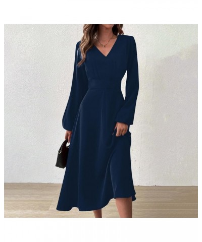 Wedding Guest Dresses for Women, Womens Trendy Solid Color Beautiful Long Dress Sexy V-Neck Long Sleeve Party Dresses 01-navy...