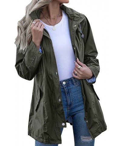 Rain Jacket Women Striped Lined Hooded Lightweight Raincoat Outdoor Waterproof Windbreaker Army Green $21.07 Coats