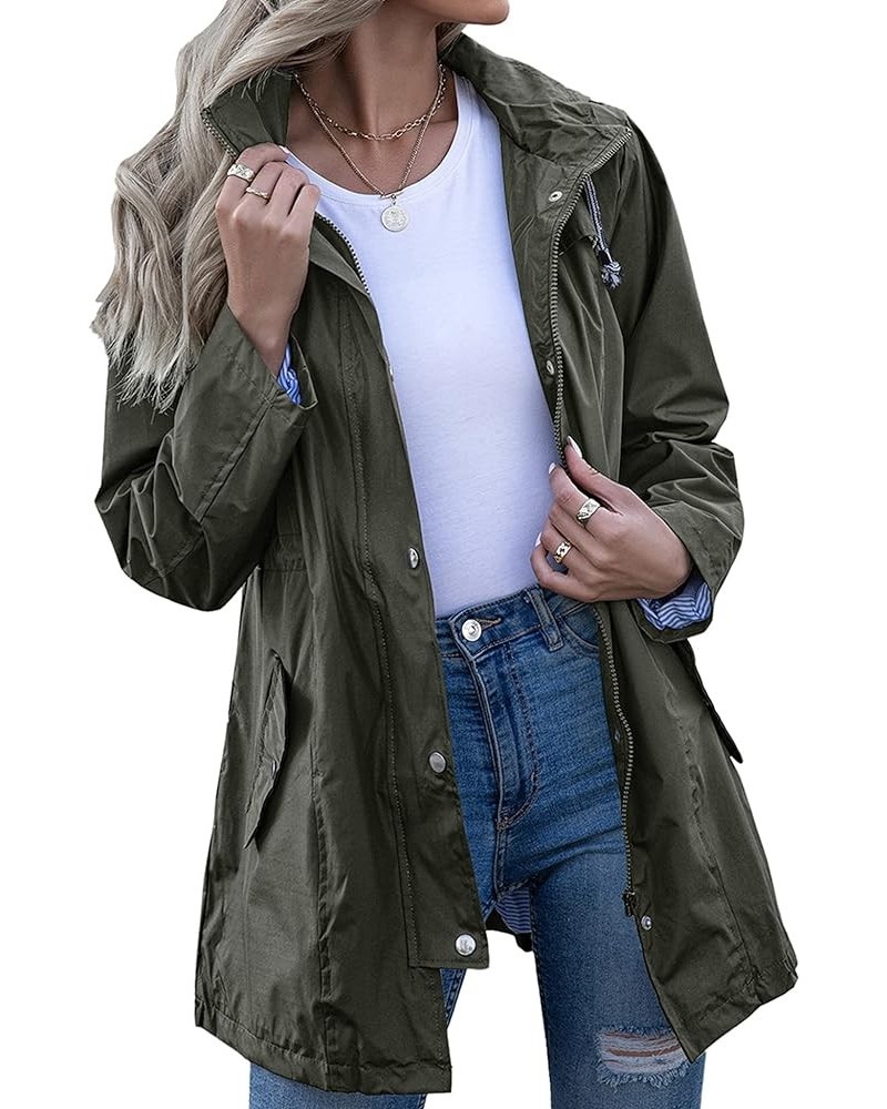 Rain Jacket Women Striped Lined Hooded Lightweight Raincoat Outdoor Waterproof Windbreaker Army Green $21.07 Coats