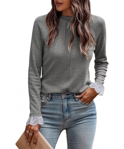 Womens Crewneck Lace Patchwork Long Sleeves Shirts Fall Fashion Blouses Sexy Casual Tunic Lady Tops 1 Grey $13.99 Tops