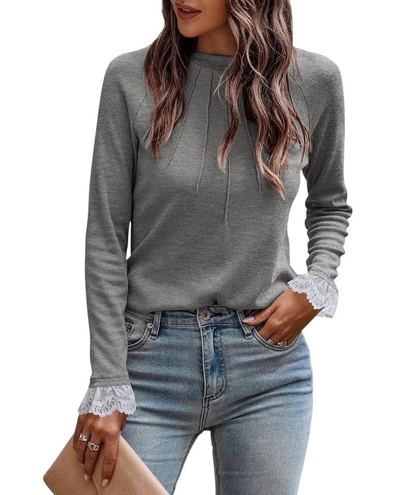 Womens Crewneck Lace Patchwork Long Sleeves Shirts Fall Fashion Blouses Sexy Casual Tunic Lady Tops 1 Grey $13.99 Tops