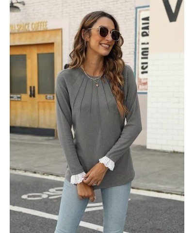 Womens Crewneck Lace Patchwork Long Sleeves Shirts Fall Fashion Blouses Sexy Casual Tunic Lady Tops 1 Grey $13.99 Tops