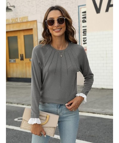 Womens Crewneck Lace Patchwork Long Sleeves Shirts Fall Fashion Blouses Sexy Casual Tunic Lady Tops 1 Grey $13.99 Tops