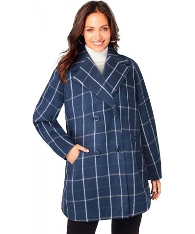 Women's Plus Size A-Line Wool Peacoat Navy Simple Plaid $61.78 Coats