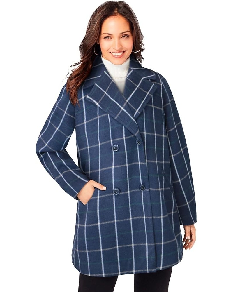 Women's Plus Size A-Line Wool Peacoat Navy Simple Plaid $61.78 Coats