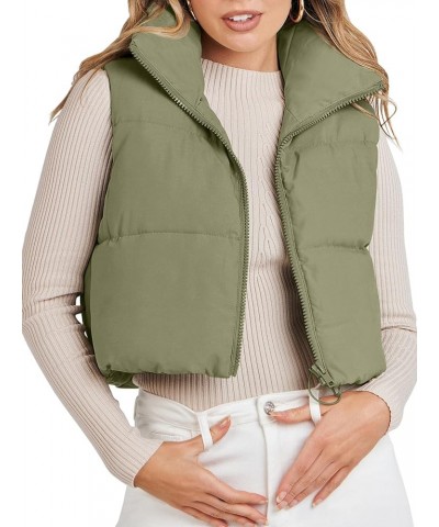 Women's Crop Puffer Vest Lightweight Stand Collar Sleeveless Zip Up Padded Gilet Coat Pea Green $18.63 Vests